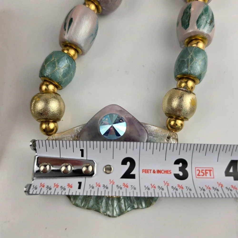 Vintage 1990s Chunky Statement‎ Necklace Amethyst Stone Painted Beads Gold Tone